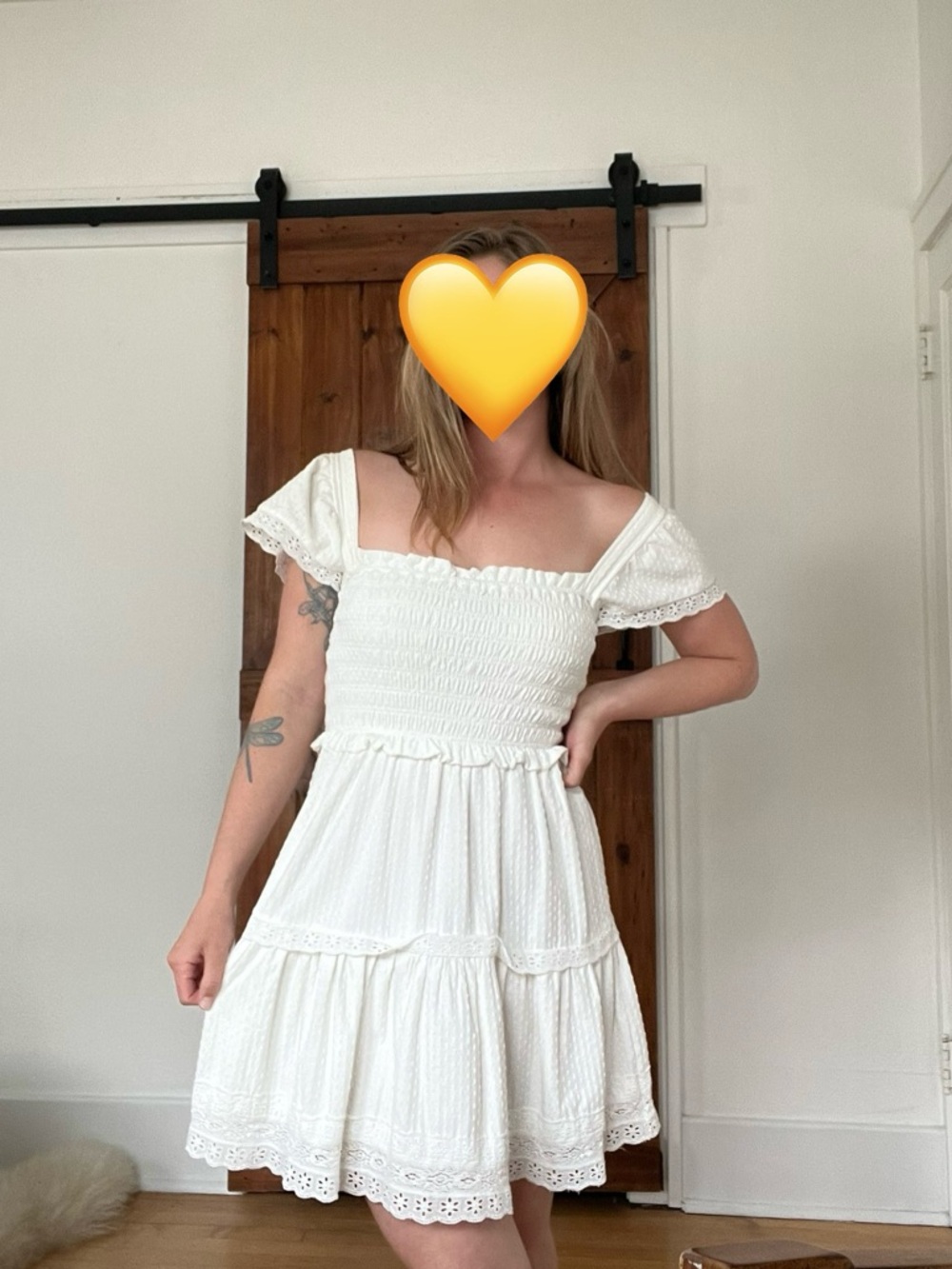 White Smocked Square-Neck Mini Dress with eyelet embroidery